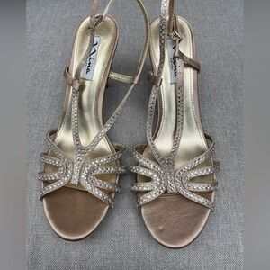Nina metallic mid-heel sandals, new, straps with rhinestones, almond toe, 8.5